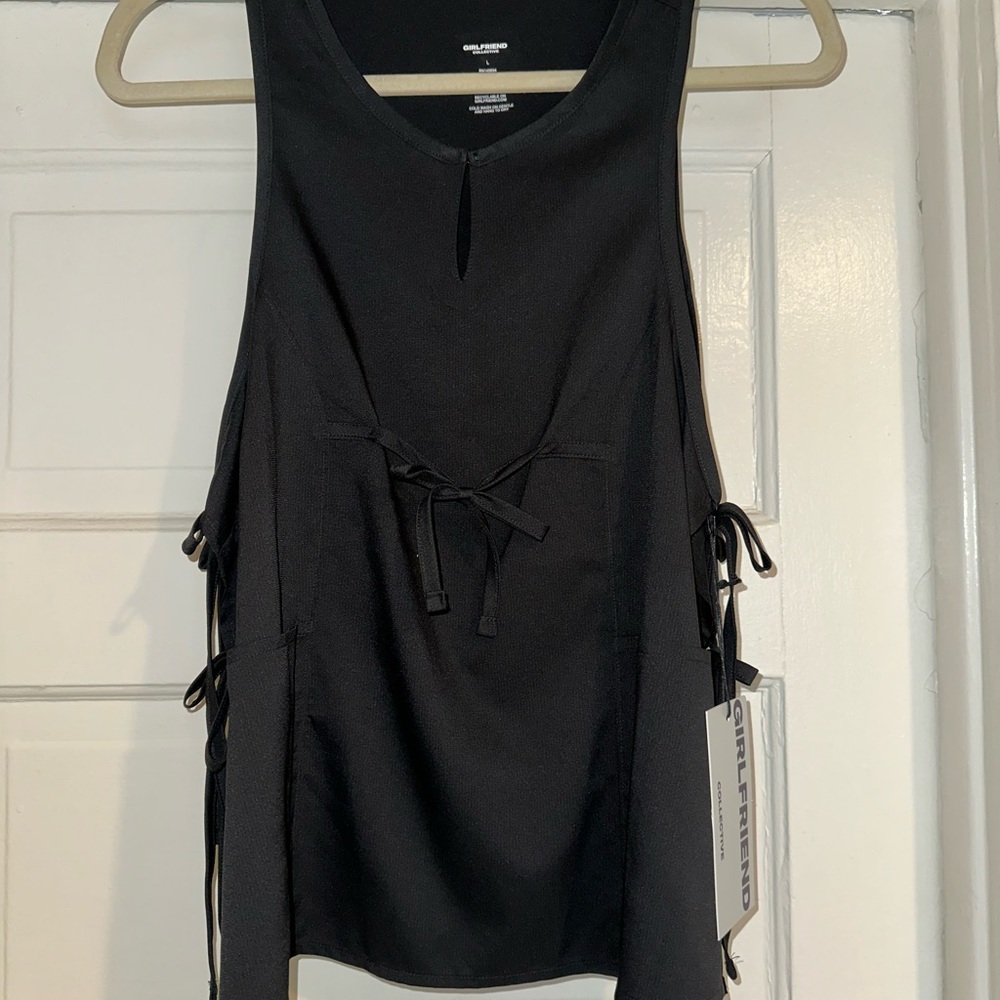 Girlfriend Collective Black Cut Out Tie Front Tank Top
